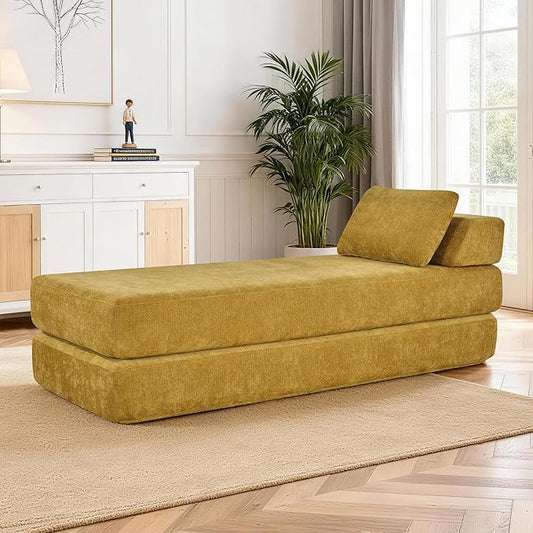 Convertible Chaise Lounge Chair Indoor Boneless Cloud Couch with 2 Pillows Sleeper Sofa for Living Room Bedroom Reading Nook- No Need Assembly (Yellow)