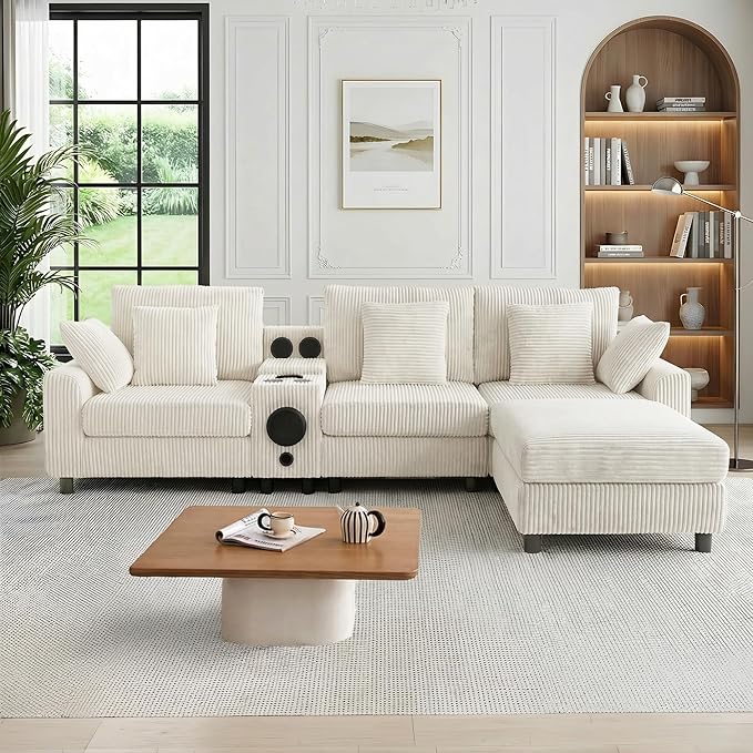 114 Corduroy L-Shaped Sectional Sofa w/Speakers &amp USB Charging Comfy Reclining Deep Seat Couch w/Ottoman Cup Holders for Living Room Home Theater (Beige 114in)
