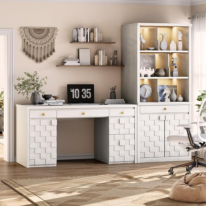 58 Executive Desk with Drawers Home Office Desk with Charging Station &amp Keyboard Tray Wood Office Desk with File Drawer &amp Storage Cabinet Modern Computer Writing Desk with Adjustable Shelf