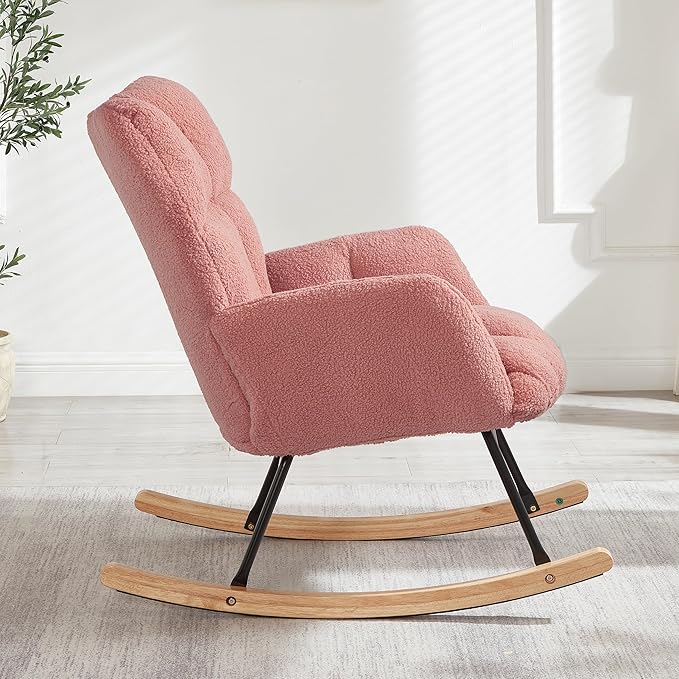 Setawix Upholstered Rocking Chair with Arms for NurseryTufted Rocker Glider ChairsTeddy Fabric Rocking ArmchairMid Century Modern Accent Chairs for Living RoomBedroom (Teddy Pink 27.2)
