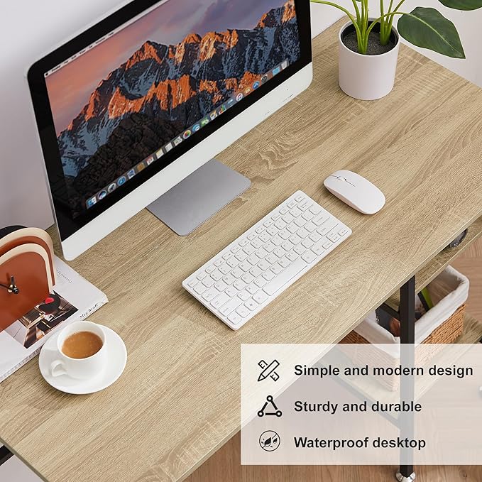VECELO 43 Inch Computer Home Office Desk Modern Simple Writing Desk with Storage for Bedroom Simple Table Modern Student Study DeskWater Proof Oak+Black Leg