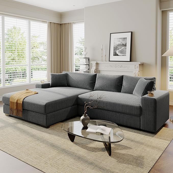WILLIAMSPACE 111.5 Sectional Sofa Couch with Large Chaise Modren Upholstered L-Shape Sofa Comfy 3 Seater Couch with Cup Holders &amp Charging Ports for Living Room Corduroy (Left-FacingGray)