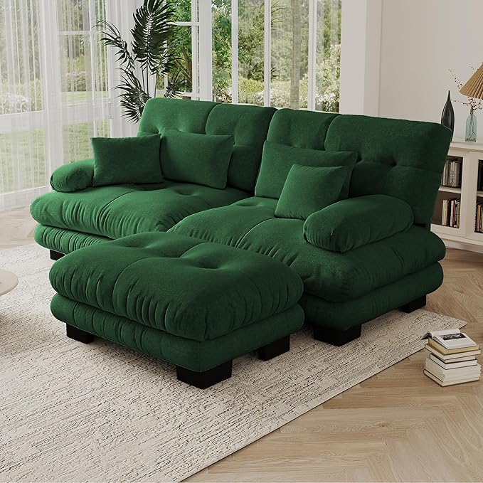 94.4 Convertible Modular Sectional Sofa Modern L-Shaped Couch with Ottoman Comfy 2 Seater Cloud Loveseat Sofa with Deep Seat Upholstered Chenille Couches for Small Space Living Room Green