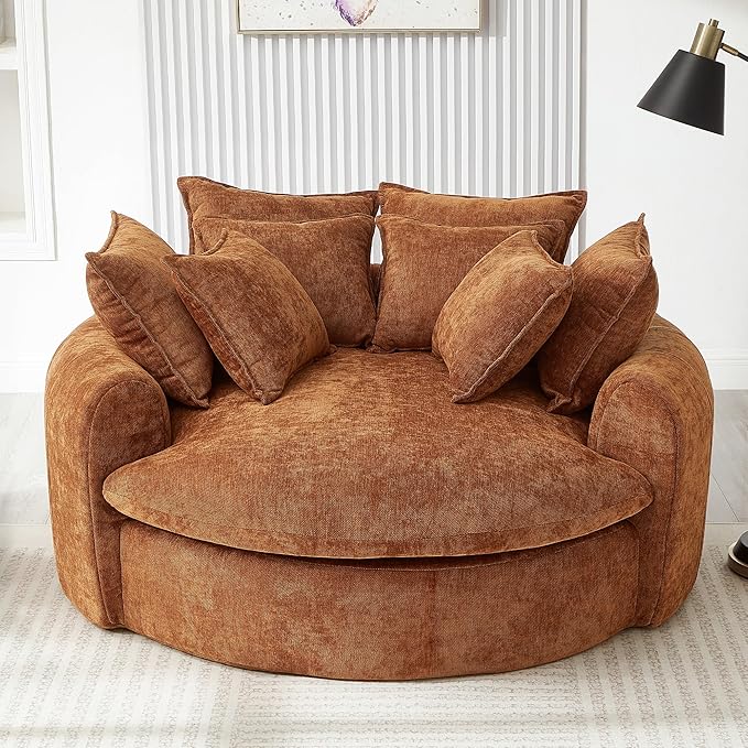 Merax 59.8 Full-Compressed Round Chaise Sofa Boneless Loaf Style Chenille Upholstered Sofa Bed with 8 Throw Pillows for Living Room Orange
