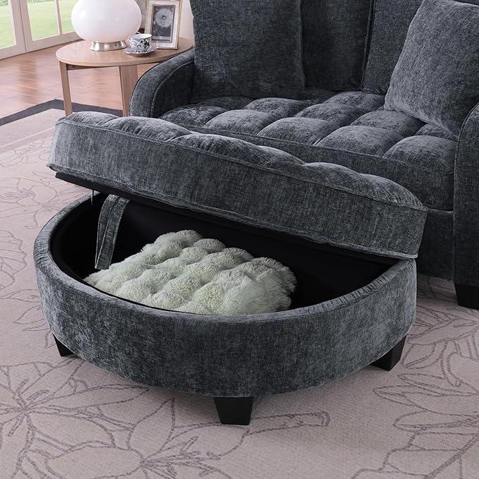 ERYE Chenille Tufted Loveseat Sofa and Ottoman Set Tufted Recliner Sleeper Chaise Lounge with Curved Storage OttomanReclining Backrest and Side Pockets 4 Pillows