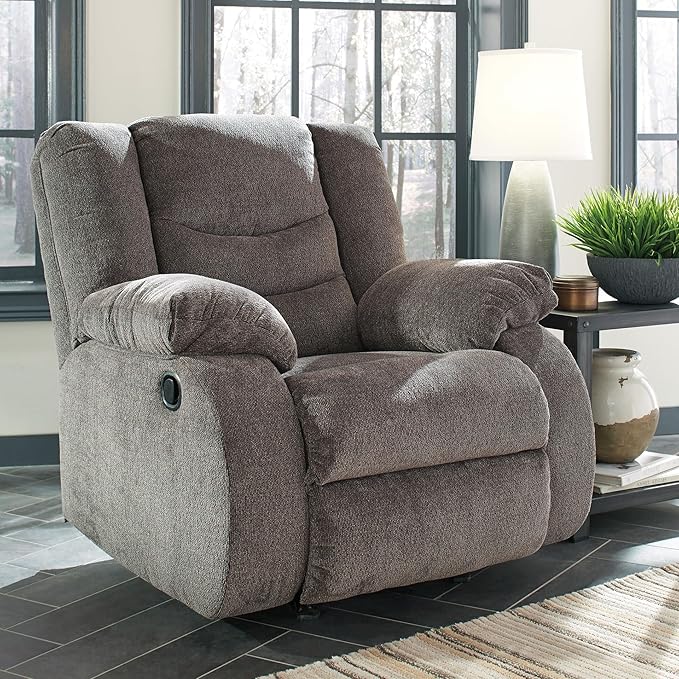 Signature Design by Ashley Tulen Contemporary Rocker Recliner Gentle Rocking Motion Pull Tab Reclining Fabric Upholstery 39 W x 40 D x 40 H Dark Gray