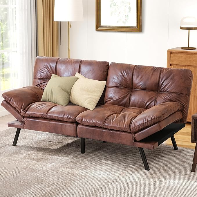 71 Futon Sofa Bed Memory Foam Convertible Faux Leather Futon Couch Beds with Adjustable Armrest Backrest Multi-Functional Folding Sleeper Sofa Bed for Living Room Apartment Brown