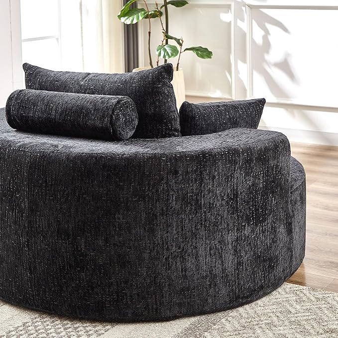 55''W Chenille Oversized Round Chaise Longue Chair Indoor Upholstered Deep Seat Floor Sofa Chair with Pillow No Assembly Required Single Sofa Armchair for Living Room(Chenille Black)