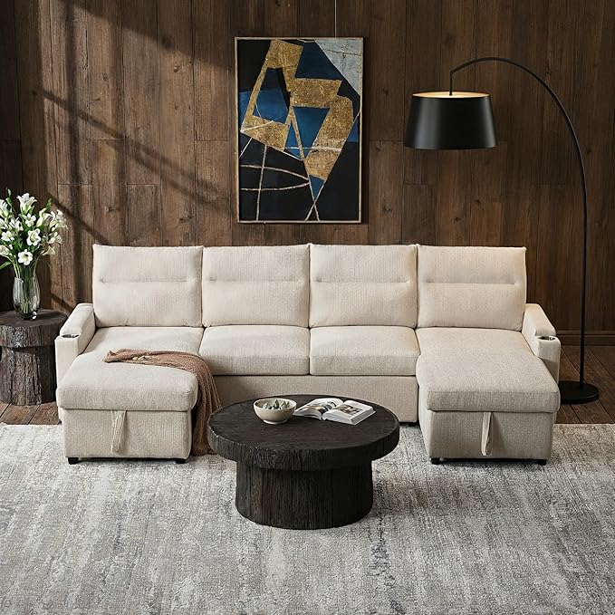 109 Modular Sectional Sofa Convertible U-Shaped Sofa Set with Storage Cup Holders and USB Charging Ports Ideal for Living Rooms Moder 6-Seater Modular Sectional Sofa with Removable Ottoman