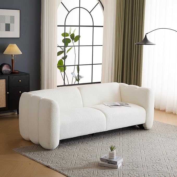 Christopher Knight Home Carine 83‘’ Sofa Couch Cozy Boucle Fabric Upholstered 3-Seater Seating Sofa Comfy Couches for Living Room and Office Modern Oversized Loveseat Curved Wave Design White