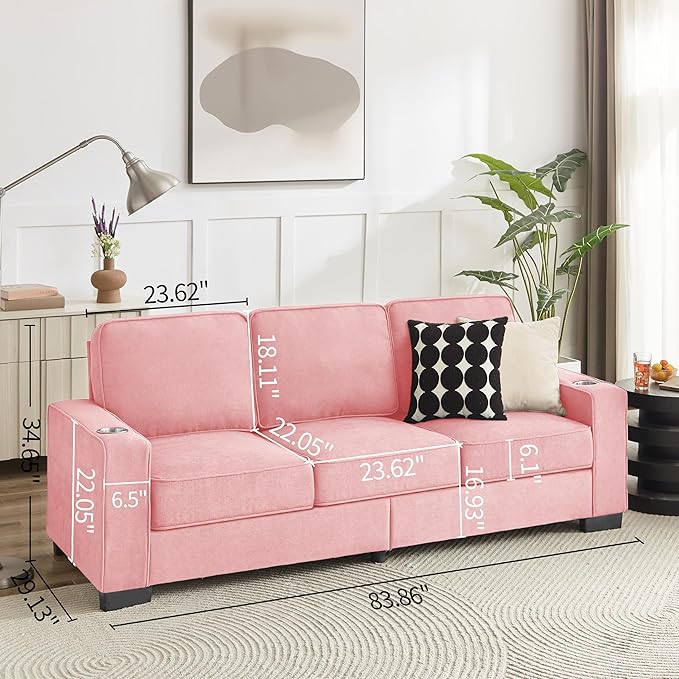 Ball &amp Cast 84 Snowfleece Sofa - Modern 3-Seater Sleeper Couch with 2 CupholdersCouches for Living Room Bedroom Office Apartment Easy Assembly Pink