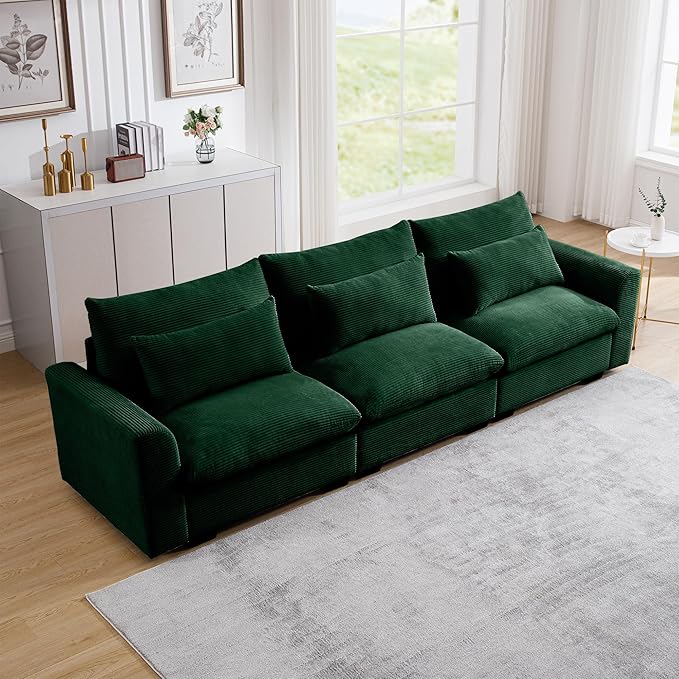 Oversized Modular Sectional Sofa 122 Inch Corduroy Deep Seat Upholstered Sofa 3 Seater Comfy Cloud Couch with Waist Pillow for Living Apartment Green