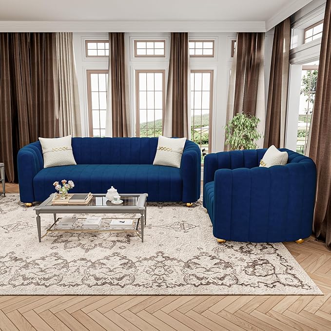 42 Velvet Sofa Chair for Living Room Modern Single Sofa with Gold Metal Sphere Legs (Blue-1 Seater)