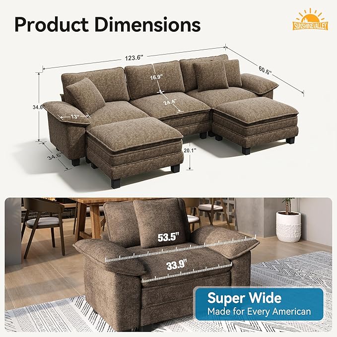 U Shaped Modular Cloud Couch 123.6'' Comfy Chenille Sectional Sofa with Wider Armrest and Ottoman Upholstered 5-Seat Modern Deep Seat for Bedroom Living Room Taupe