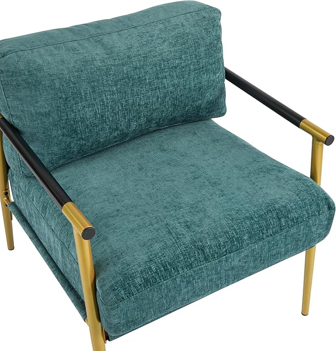 Merax Modern Accent Chair with Plush Cushions and Wooden Armrest Design Living Room Accent Chair with Metal Frame for Living Room Bedroom or Office Seating Easy Assembly Teal Blue+Gold