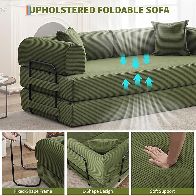 IDEALHOUSE 4 in 1 Convertible Sleeper Sofa Bed Couch 79 Inch Boneless Corduroy Floor Couch with Pillows No Assembly Modern Deep Seat Sofa Futon Mattress for Living RoomApartmentGreen