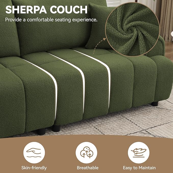 88 Modern Boucle Sofa Couch Oversized Comfy 3 Seater Sherpa Curved Sofas Deep Seat Upholstered Loveseat Teddy Round Arm Couches for Living Room Bedroom Green