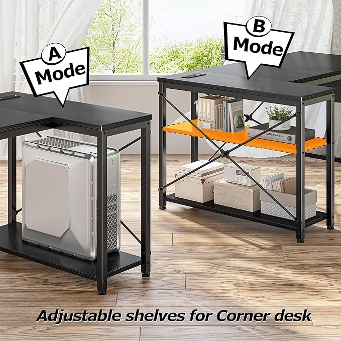 EnHomee 48 L Shaped Desk Office Desk with Power OutletsComputer Desk with Reversible Storage Shelves &amp Side BagSmall Gaming Desk for Gaming Working Small Space Home Office BedroomBlack
