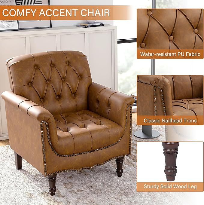 Faux Leather Club Chair Retro Upholstered Armchair Accent Chair with Solid Wood Legs &amp Nailhead Trim for Living Room Bedroom Reading Room Camel