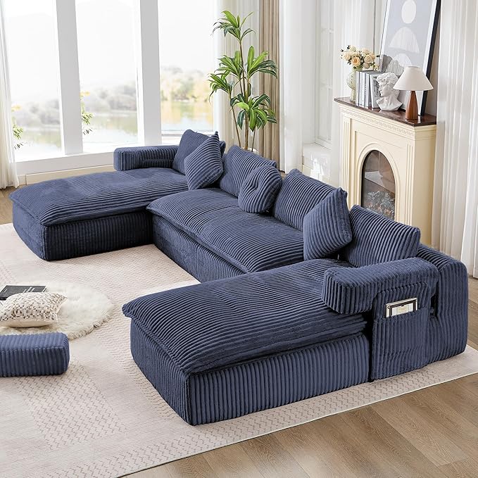 149 Oversized Boneless Couch U Shaped Sectional Couch for Living Room Furniture Cloud Corduroy Sofa Bed with Double Chaise Side Storage and Lumbar Pillow No Assembly