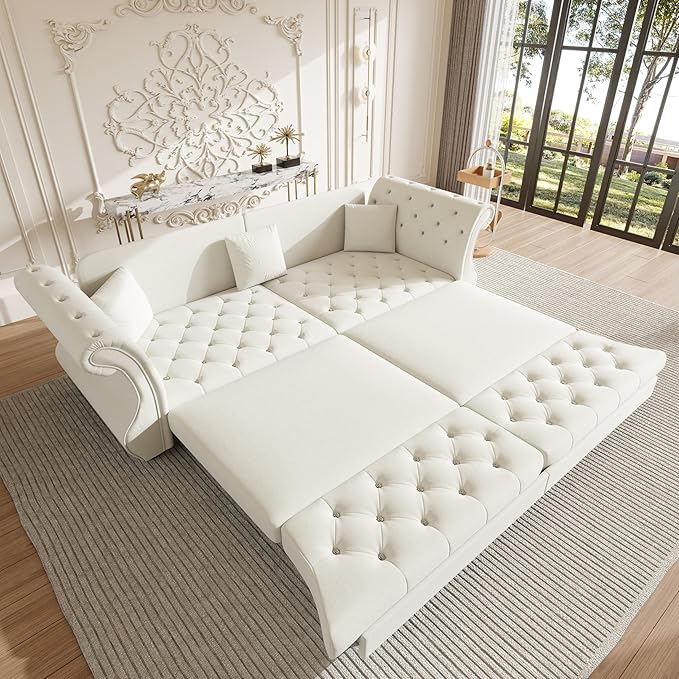 97.6'' King Size Pull Out Sofa Bed Velvet 3-in-1 Convertible Sleeper Sofa Bed Chesterfield Rolled Arm Flower Tufted Oversized Deep Seat Loveseat Sofa for Living Room Apartment Beige | Breathable