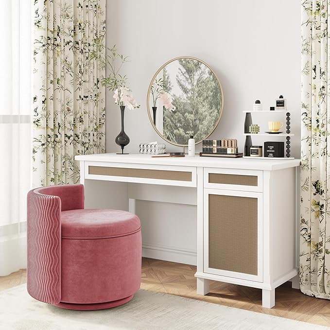 360° Swivel Accent Chair with Storage Vanity Stool with Back Velvet Storage Ottoman Upholstered Round Barrel Vanity Chair for Living Room Makeup Room Bedroom (Dusty Rose)