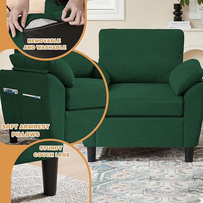 4 Piece Convertible Sectional Sofa Set Modern Linen Small L Shaped Couch with Reversible Chaise 3-Seater Sofa &amp Loveseat &amp Armchair for Living Room Office Apartment Green