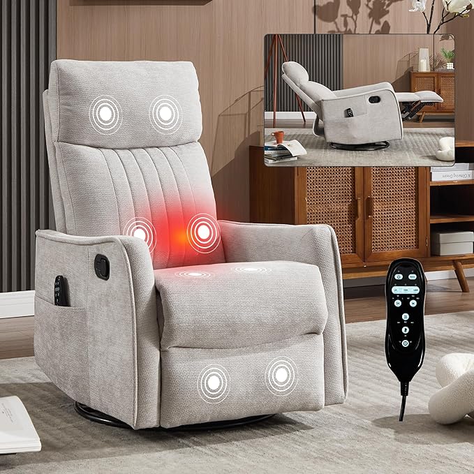 360°Rotating Heated Massage Chair with 8 Vibrating nodesComfortable Rocking Chaise Lounge with Black Metal Base Single Sofa for Living RoomBedroomOfficeLight Gray Chenille