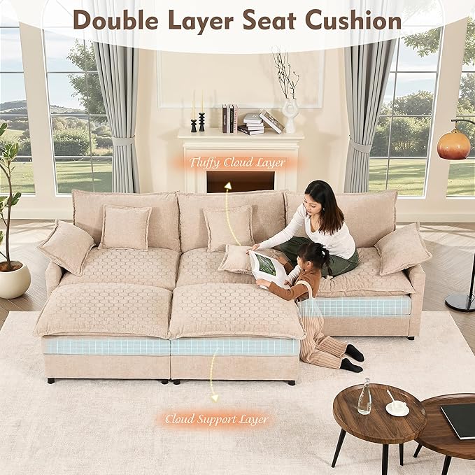 108 U Shaped Couch Modular Sectional Sofa 3-Seater Comfy Cloud Couch Set of Modular Pieces with Movable Ottoman Deep Seat Couches for Living Room Chenille Flat White
