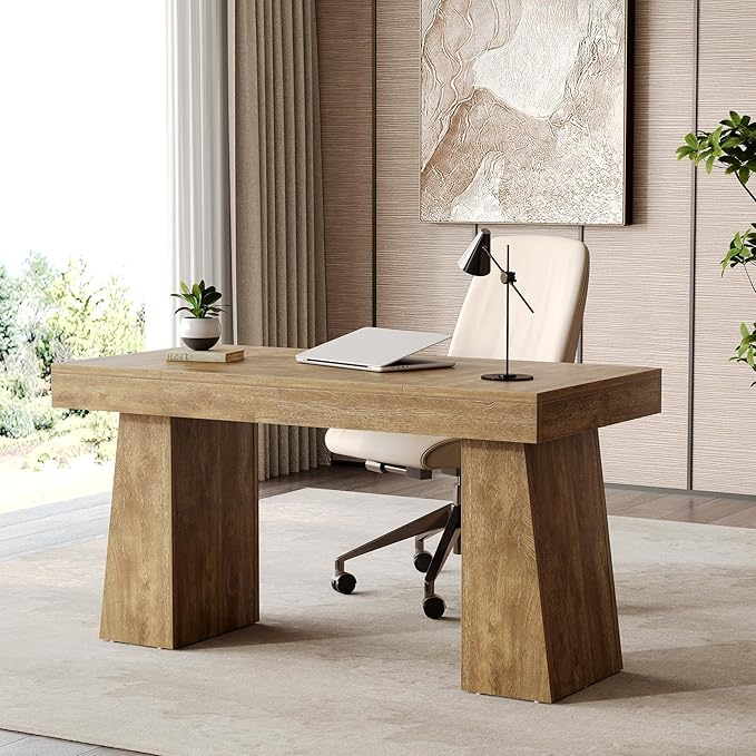 1Easylife 55 Inches Long Computer Desk Large Wooden Home Office Desk with Heavy Duty Pedestal Modern Simple Style Study Writing Table Oak