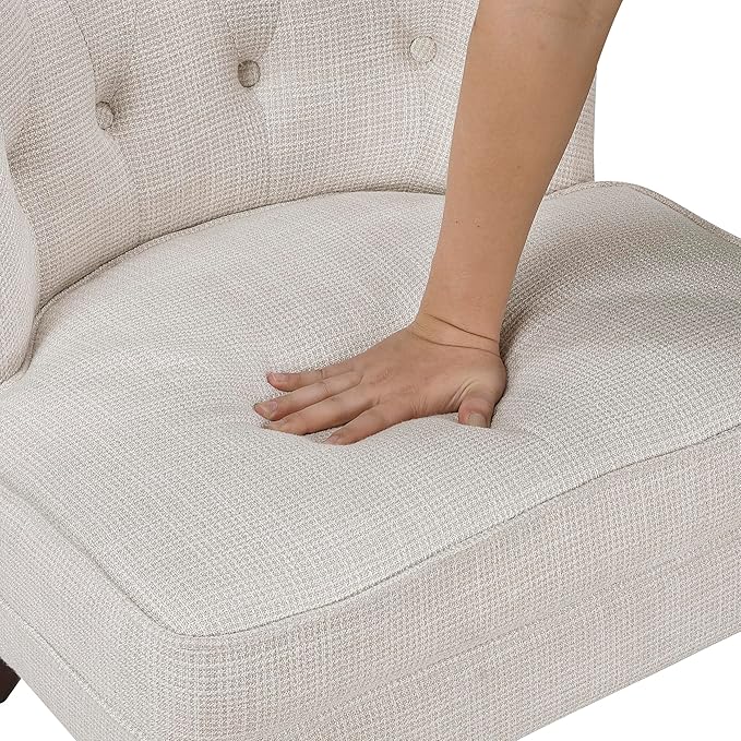 Lexicon Accent Chair Textured Fabric Upholstered Armless Chair with Solid Wood Legs Button Tufted Curved Back for Living Room/Bedroom/Office/Waiting Area Beige