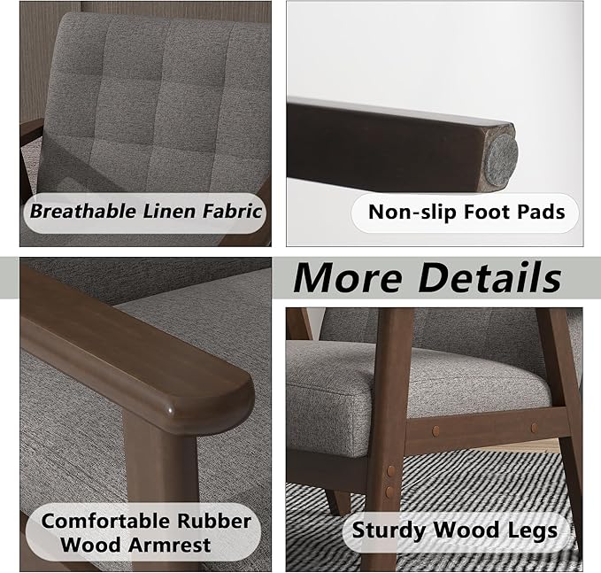 Modern Accent Chair with Wooden Table Upholstered Linen Fabric Leisure Side Chair with Arm Rest and Wooden Frame for Living Room Bedroom Reading (Gray)
