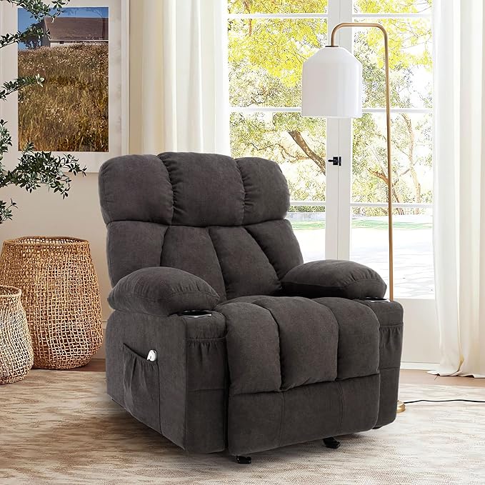 Massage Rocker Recliner Chair with Heat and Vibration Ergonomic Rocking Lounge Chair for Living Room Comfy Overstuffed Recliner with 4 Side Pockets2 Cup Holders USB Charge PortBlack