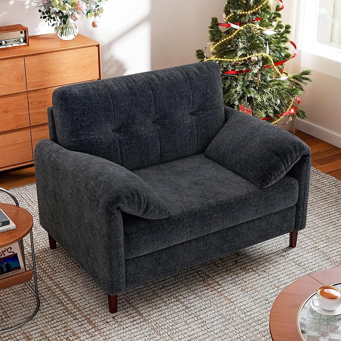 46 Oversized Accent Chairs Set of 2 with Padded Arms Comfy Chenille Fabric Living Room Bedroom Chairs Set of 2 Mid Century Modern Reading Chair with Pocket Spring Cushion (Dark Grey)