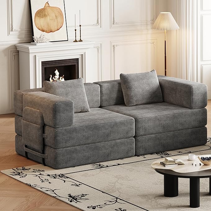 KEIKI 72.4'' Convertible Sofa Bed 2 Seat Corduroy Fabric Sofa with Two Side Storage Pockets and Two Cushions Comfortable Folding Sleeper Carpeted Couch for Living Room Bedroom and Study Grey