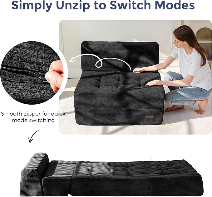 MAXYOYO 8 Folding Sofa Bed Convertible Sleeper Sofa Lounger Foldable Mattress Wedge Shape Floor Couch Tufted Fold Out Chair Bed Comfy Floor Couch Lounge for Living Room Bedroom Single Black