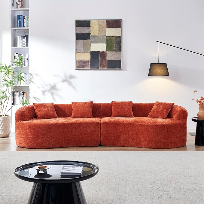 KEIKI 111 Curved Chenille Sofa Couch Modern Compressed High-Density Foam Cloud Sofa No Assembly Boneless Sectional with Rolled Arms &amp Pillow Back Oversized Living Room Statement Piece