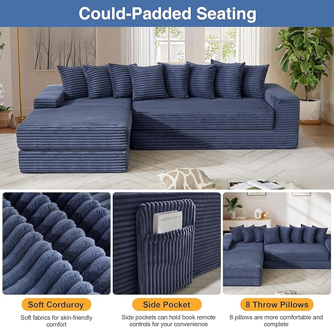 110'' Oversize Cloud Sectional Couches for Living Room Convertible Sleeper Sofa Bed Big Comfy Couch with 2 Side Pockets &amp 8 Pillows Corduroy Free-Combined (Blue 110 -Left Facing Chaise)