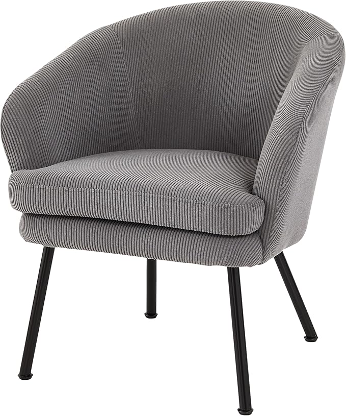 Modern Corduroy Accent Chair with Channel Back Design Black Metal Legs and Soft Upholstery Comfortable Seating for Living Room Bedroom or Office Grey