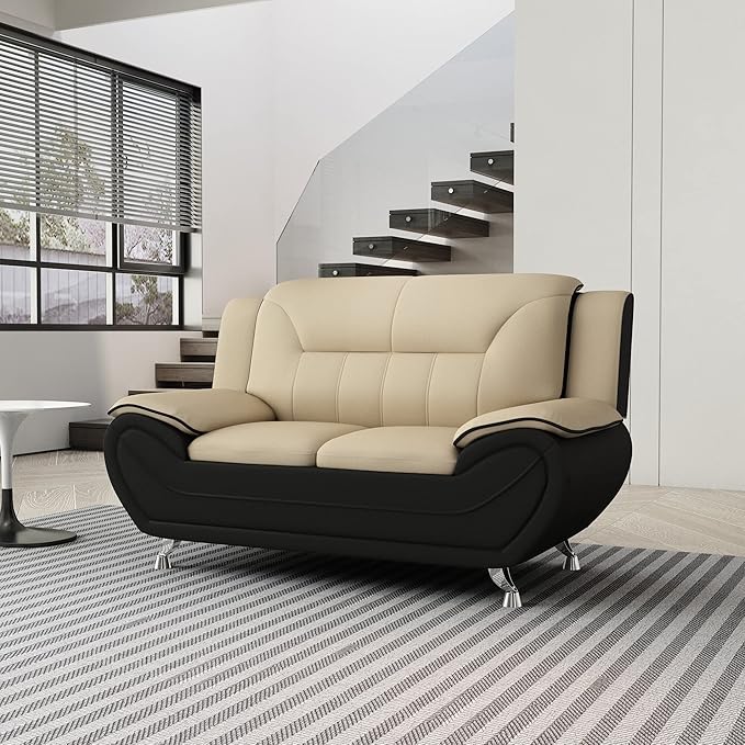 Michael Modern Faux Leather Upholstered Stainless Steel Legs Living Room Loveseat Black Camel