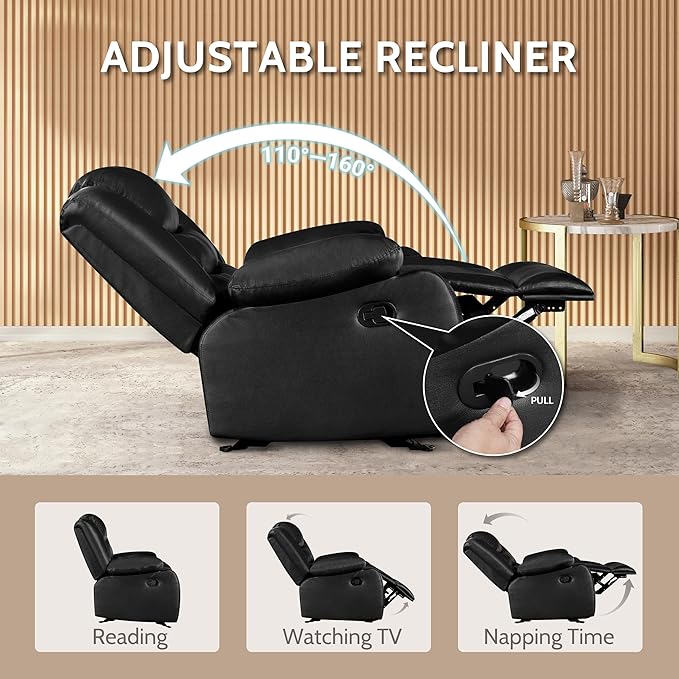 PrimeZone Oversized Rocker Recliner Chair - Comfy Wide Lazy Boy Recliner Chair with Overstuffed Armrest Faux Leather Manual Reclining Chairs for Living Room Bedroom Home Theater Black Set of 2
