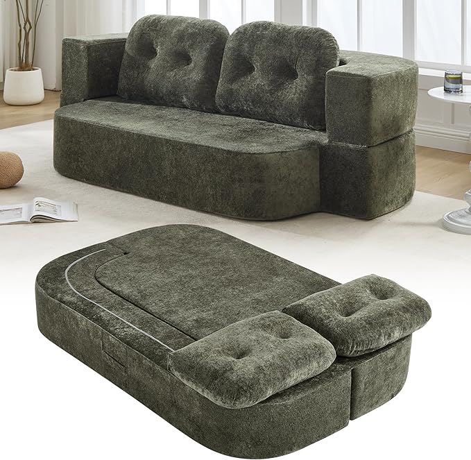 KIVENJAJA 78.7 Boneless Loveseat Convertible Folding Sofa Bed Full Size with Pillows Comfy Cloud Fold Out Couch Foldable Sleeper Sofa Bed for Living Room Small Spaces Office Apartment Green
