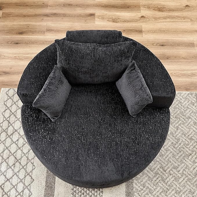 Oversized Round Chaise Lounge Chair Indoor 55W Circle Comfy Armchair with Deep Seat Floor Cloud Boneless Chair Upholstered Modern Cozy Sofa Chairs for Living Room Bedroom(Chenille Black)