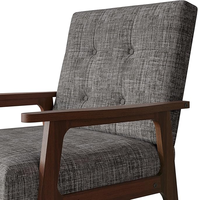 Accent Chair with Button-Tufted Linen Upholstery Wooden Armrests Cushioned Seat Easy Assembly Light Grey