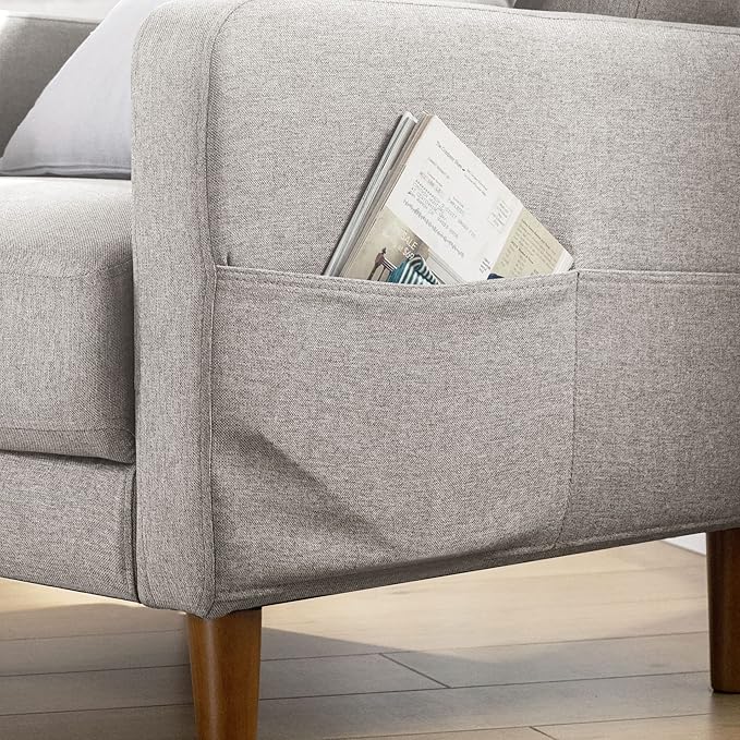 Mellow ADAIR Mid-Century Modern Armchair with Armrest Pockets Tufted Linen Fabric Light Grey