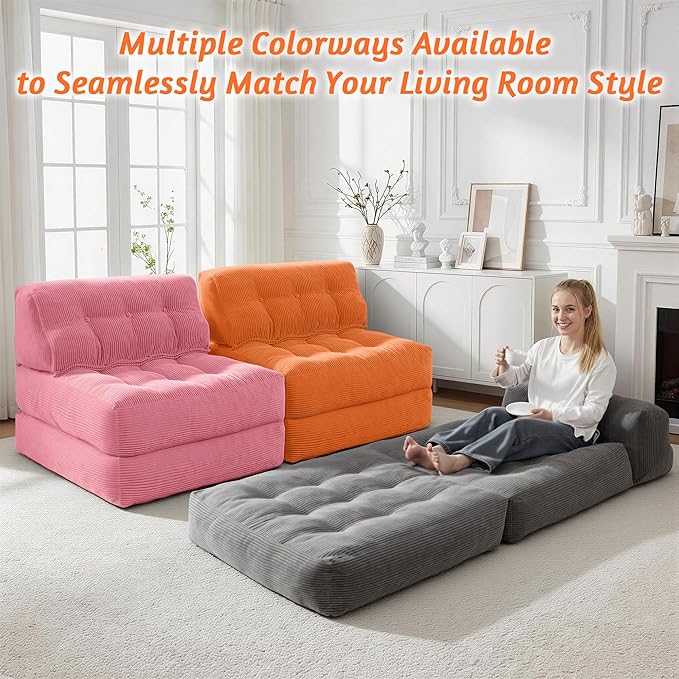 HABUTWAY Folding Sofa Bed Convertible Sleeper Chair Bed with Pillow &amp Handle Foldable Mattress with Back Support Portable Single Couch Comfy Floor Sofa Lounge for Living Room Bedroom(Orange)