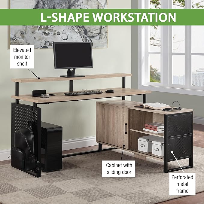 OSP Home Furnishings Ace Contemporary Modern Home Office Desk with Shelf L-Shape with River Oak Finish