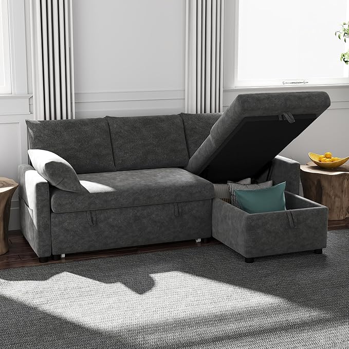 Sofa Bed 80'' L Shape Chenille Sleeper Sofa Couch with Pull Out Bed and Storage Chaise for Living Room Apartment and Hotel Dark Gray