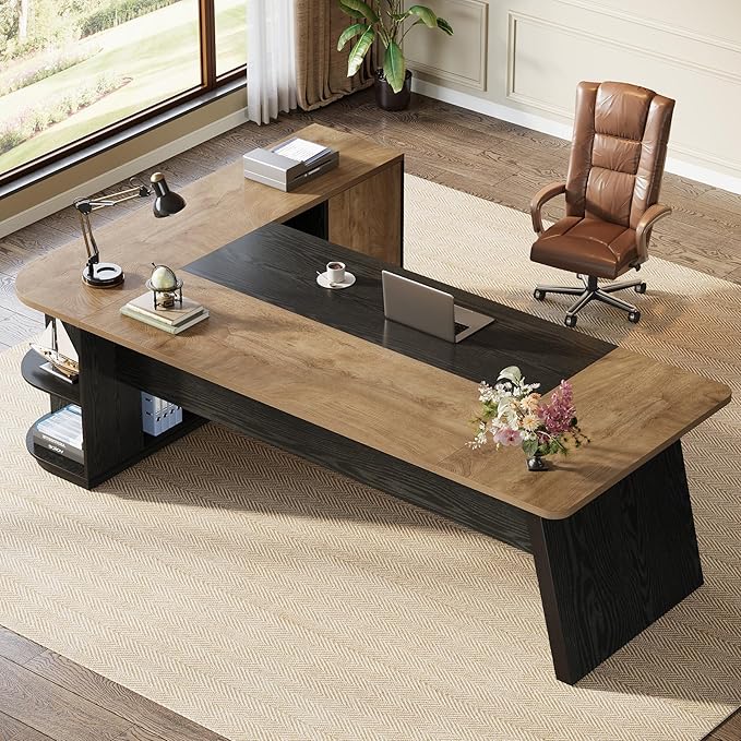 Tribesigns 79-Inch Executive Desk Large Office Desk with Cabinet L-Shaped Compter Desk with Storage Shelves Writing Table for Home Office Natural Oak and Black