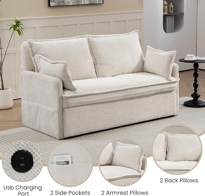 Pull Out CouchLoveseat Convertible Sleeper Sofa Bed with USBPull Out Sofa Bed Side Storage2 PillowsCorduroy Sleeper Couch for Living RoomBedroomApartmentPet-Friendly(Beige 59.5'')